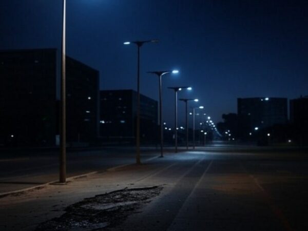 Rua noturna em Brasília com iluminação pública deficiente, revelando negligência histórica em segurança no DF.