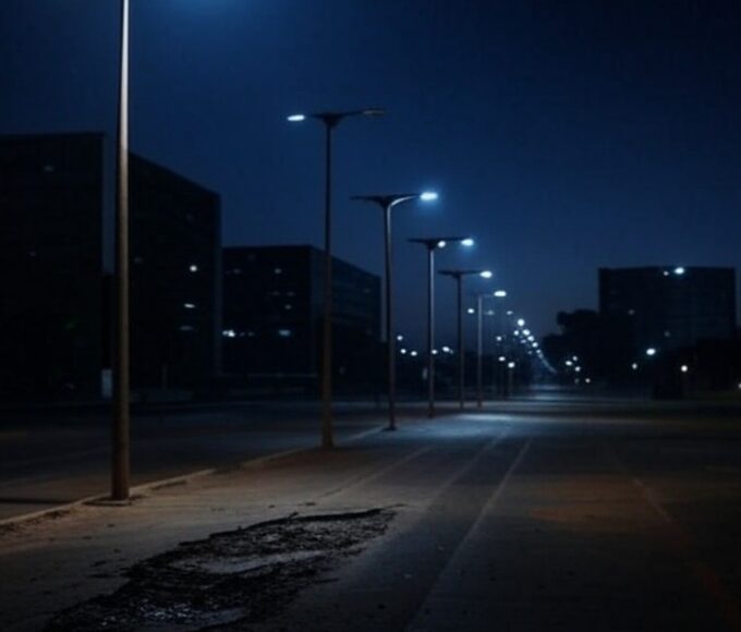 Rua noturna em Brasília com iluminação pública deficiente, revelando negligência histórica em segurança no DF.