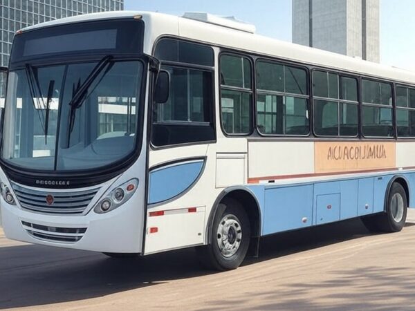 Unidade móvel do Senac-DF para matrículas em rua de Brasília, com arquitetura icônica ao fundo.