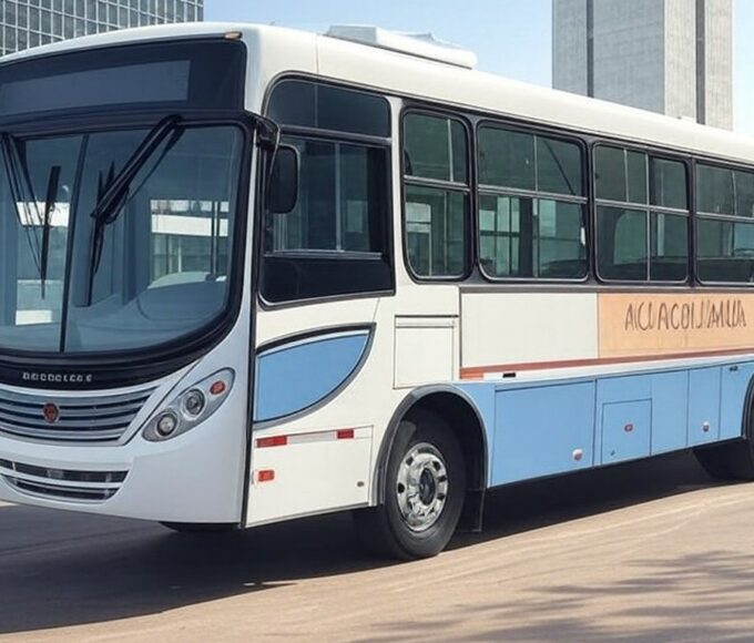 Unidade móvel do Senac-DF para matrículas em rua de Brasília, com arquitetura icônica ao fundo.