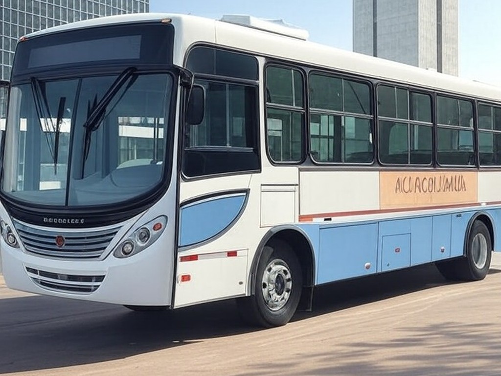 Unidade móvel do Senac-DF para matrículas em rua de Brasília, com arquitetura icônica ao fundo.