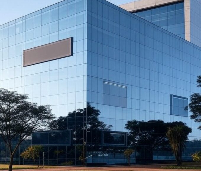 Prédio do Senac-DF em Brasília com elementos de tecnologia e marketing, representando pós-graduação em IA para 2026.