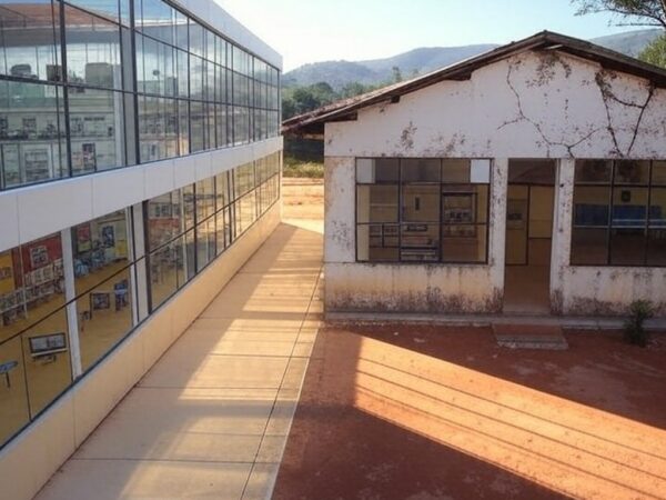 Contraste entre escola moderna com robótica e escola precária no DF, ilustrando desigualdades educacionais.