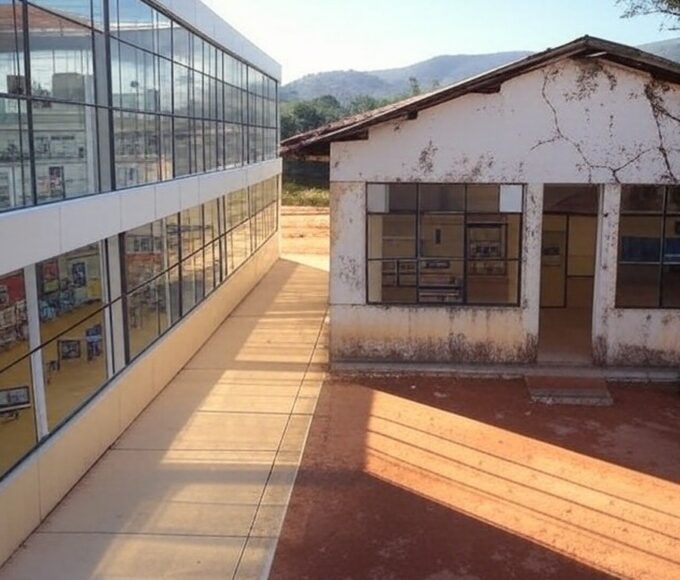 Contraste entre escola moderna com robótica e escola precária no DF, ilustrando desigualdades educacionais.