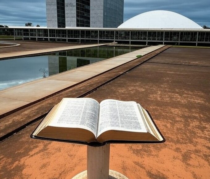 Bíblia aberta em sala legislativa de Brasília, representando reconhecimento como patrimônio e debate sobre laicidade.