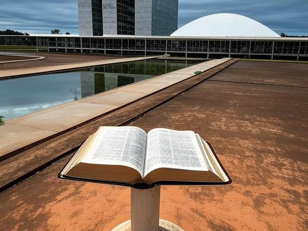 Bíblia aberta em sala legislativa de Brasília, representando reconhecimento como patrimônio e debate sobre laicidade.