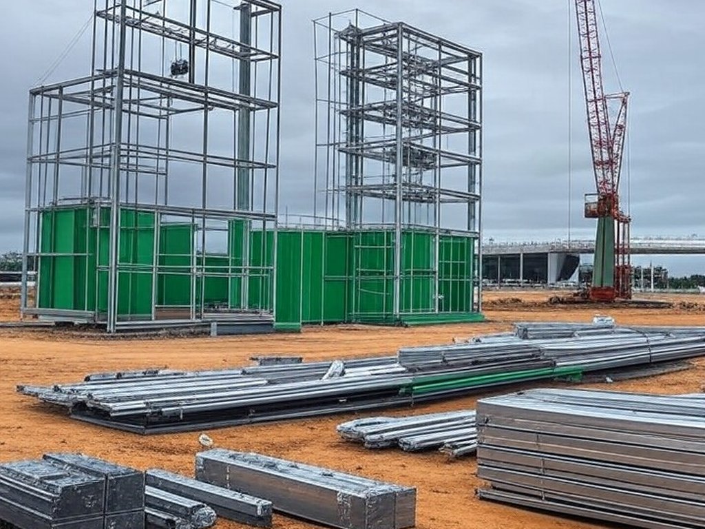 Instalação de hidrogênio de baixa emissão em construção atrasada no Distrito Federal, Brasil, com tom de ineficácia.