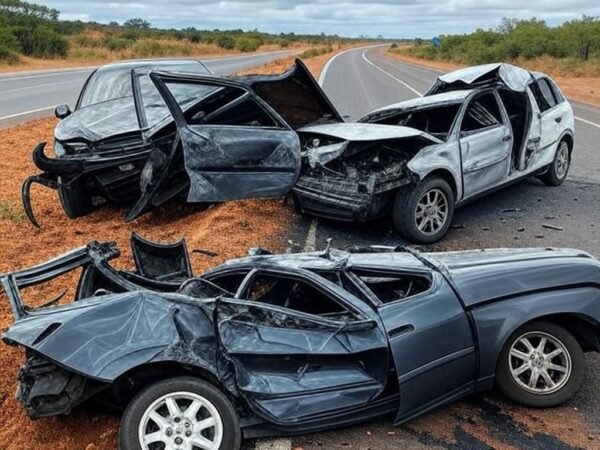Cena de acidente de trânsito na BR-135 na Bahia, com veículos colididos e paisagem semi-árida, sem pessoas.