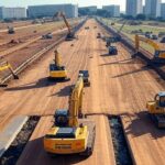 Obras de infraestrutura no Distrito Federal com máquinas em canteiros de construção e arquitetura de Brasília ao fundo.