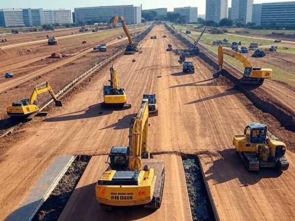 Obras de infraestrutura no Distrito Federal com máquinas em canteiros de construção e arquitetura de Brasília ao fundo.