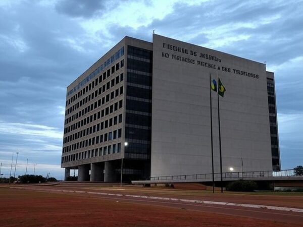 Edifício do TJDFT em Brasília com bandeiras a meio mastro, simbolizando luto pela morte de desembargador.