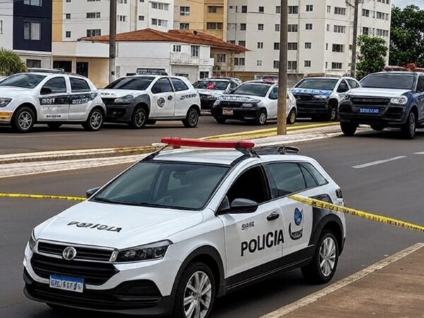 Cena de rua em Samambaia com viaturas policiais após tiroteio que deixou três baleados no DF.