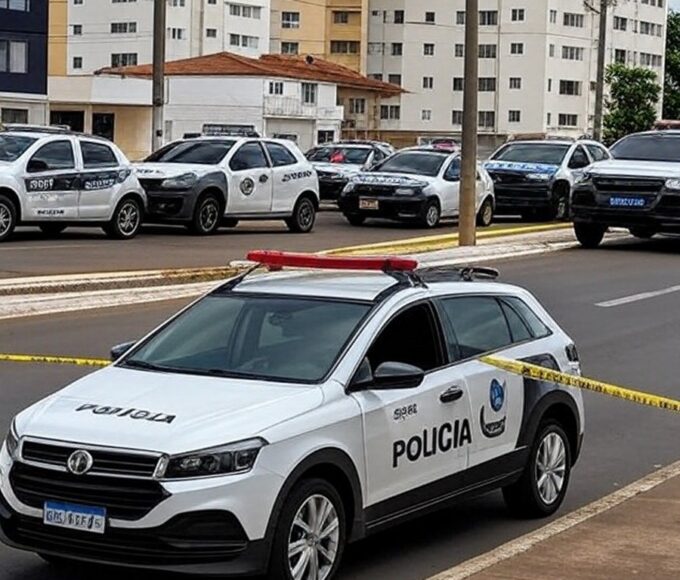 Cena de rua em Samambaia com viaturas policiais após tiroteio que deixou três baleados no DF.