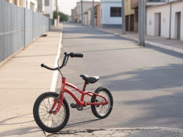 Bicicleta infantil abandonada em rua de Samambaia, DF, com câmeras de vigilância, ilustrando furto e onda de crimes.