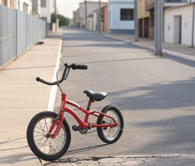 Bicicleta infantil abandonada em rua de Samambaia, DF, com câmeras de vigilância, ilustrando furto e onda de crimes.