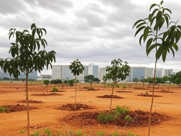 Área urbana de Brasília com pouca arborização e danos ambientais, destacando solo seco e árvores murchas.