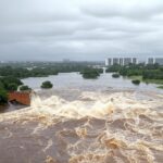 Transbordamento do Reservatório do Descoberto expondo riscos de inundações no Distrito Federal, com água inundando áreas próximas.