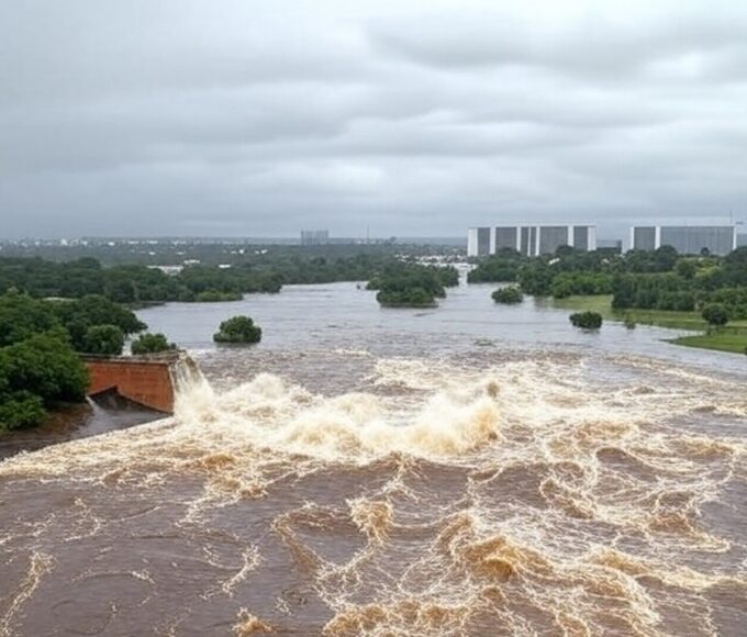 Transbordamento do Reservatório do Descoberto expondo riscos de inundações no Distrito Federal, com água inundando áreas próximas.