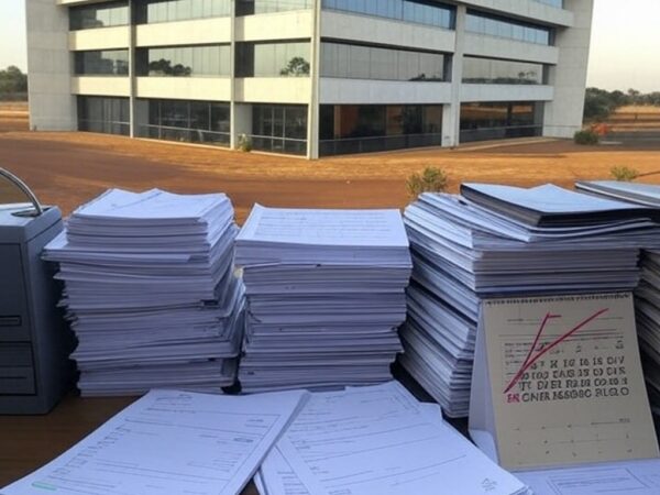 Edifício da Caesb em Brasília com documentos de concurso e relógio indicando prazos apertados, representando frustração de candidatos.