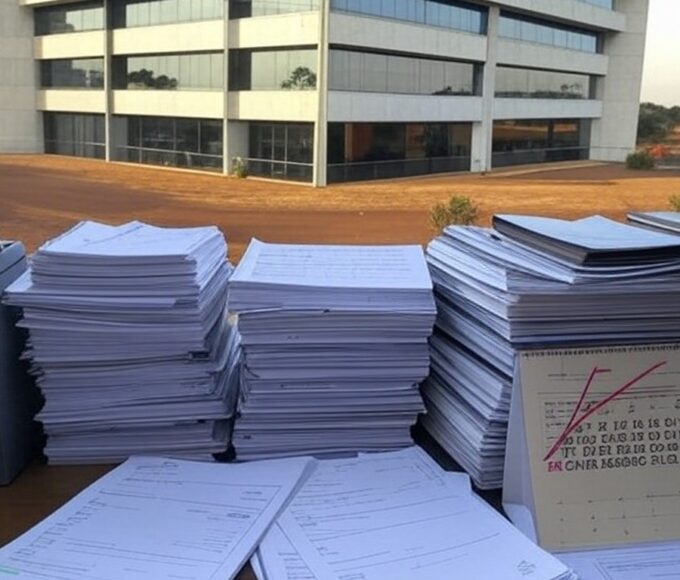 Edifício da Caesb em Brasília com documentos de concurso e relógio indicando prazos apertados, representando frustração de candidatos.