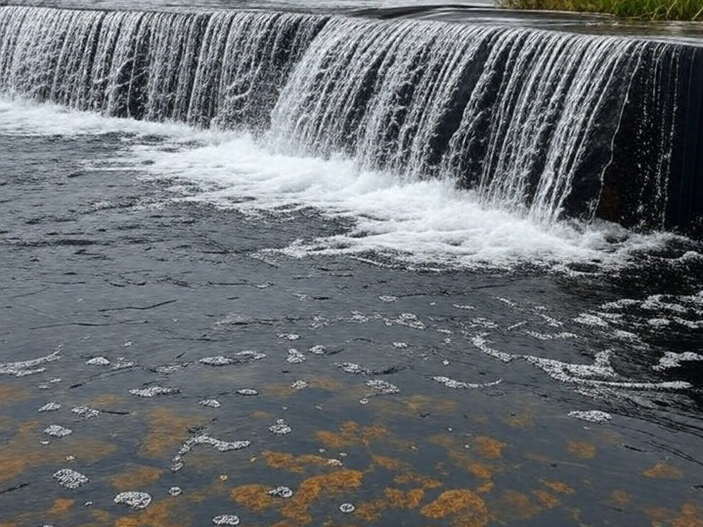 Reservatório do Descoberto transbordando após chuvas no DF, reforçando abastecimento de água.