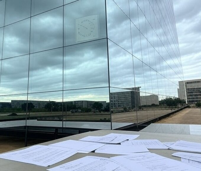 Edifício da Caesb em Brasília com documentos de concurso espalhados, indicando suspeitas de falhas.