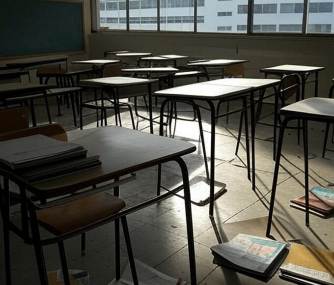 Fachada de escola pública em Brasília com documentos espalhados, representando instabilidade na educação do DF.