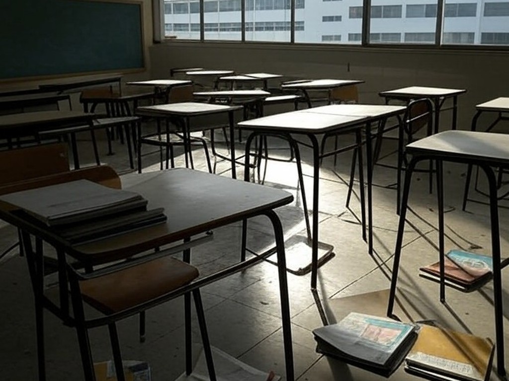 Fachada de escola pública em Brasília com documentos espalhados, representando instabilidade na educação do DF.