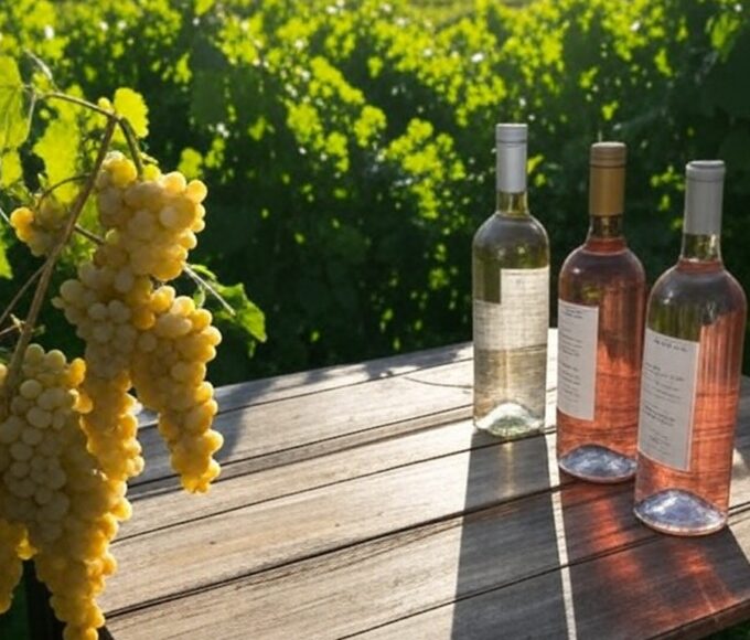 Vinhedos no Vale dos Vinhedos com garrafas de vinhos leves para o verão, criticando opções pesadas.