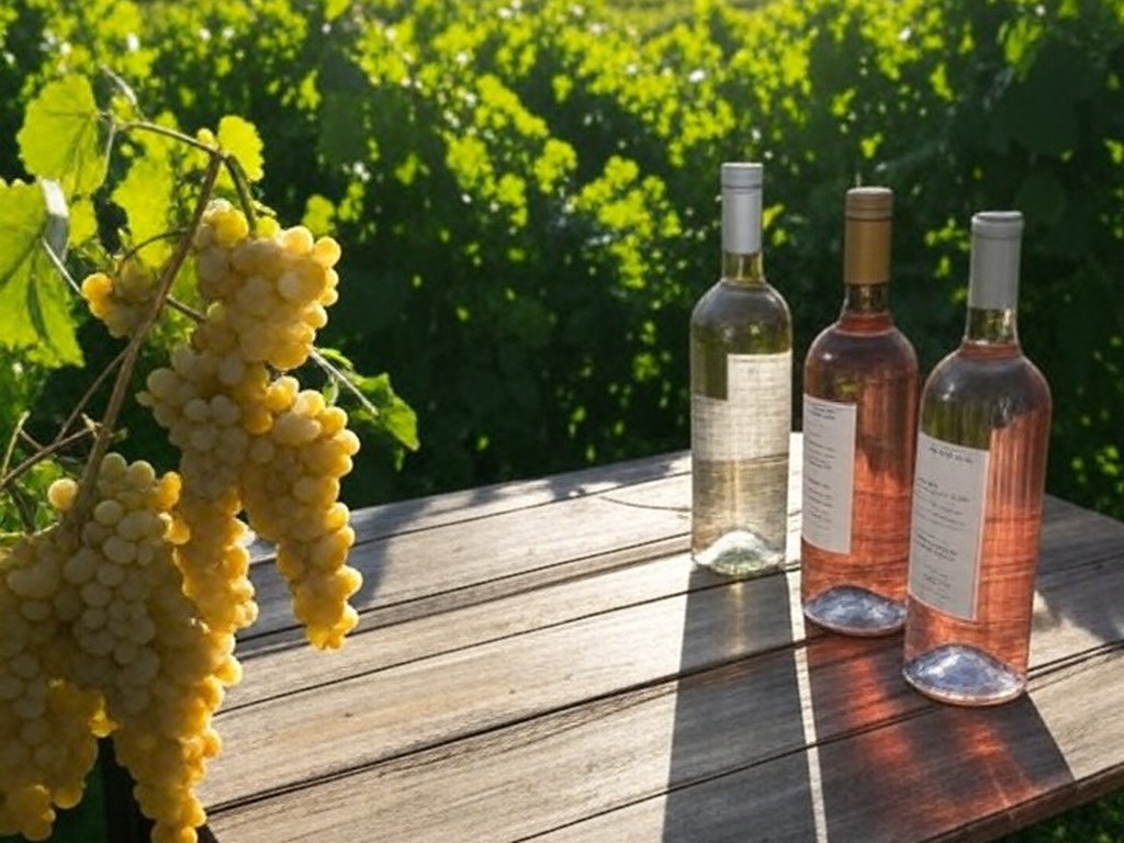 Vinhedos no Vale dos Vinhedos com garrafas de vinhos leves para o verão, criticando opções pesadas.