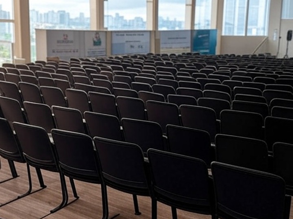 Auditório vazio após conferência sobre segurança pública no Brasil, com palco e cadeiras arrumadas, transmitindo incerteza no impacto real.