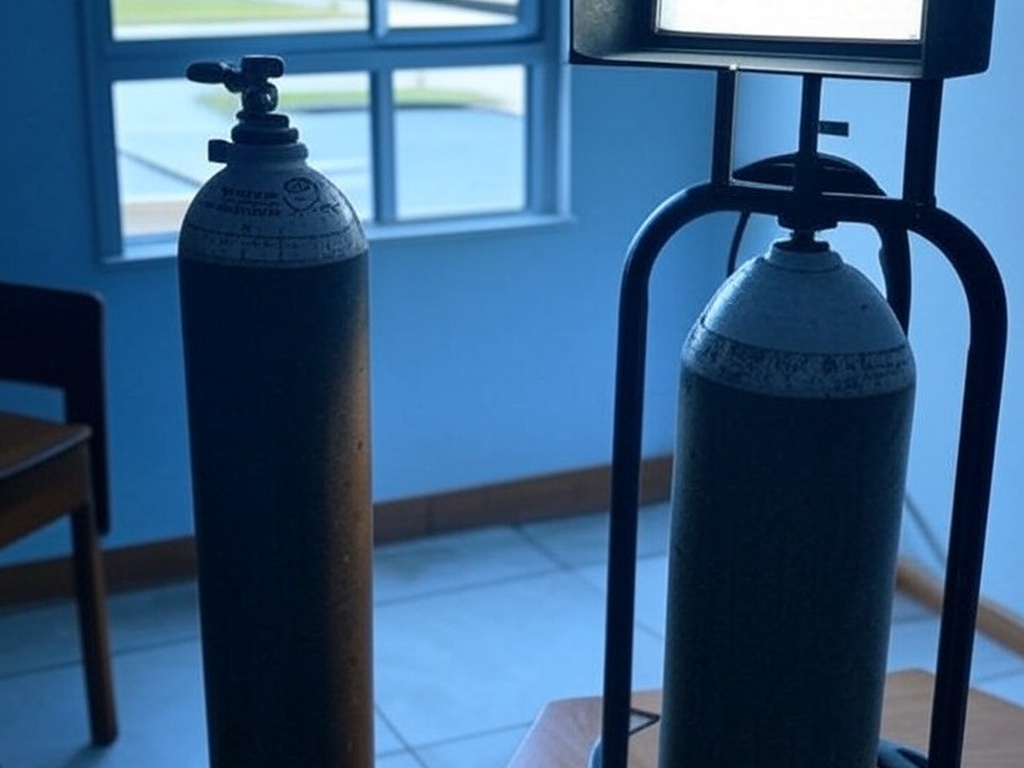 Cilindro de oxigênio e conta de energia em residência no DF, simbolizando falhas no apoio a pacientes crônicos.