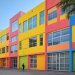 Fachada de clube infantil no Brasil com escadas sem rampas, ilustrando críticas à acessibilidade em colônia de férias do Clube Kids.