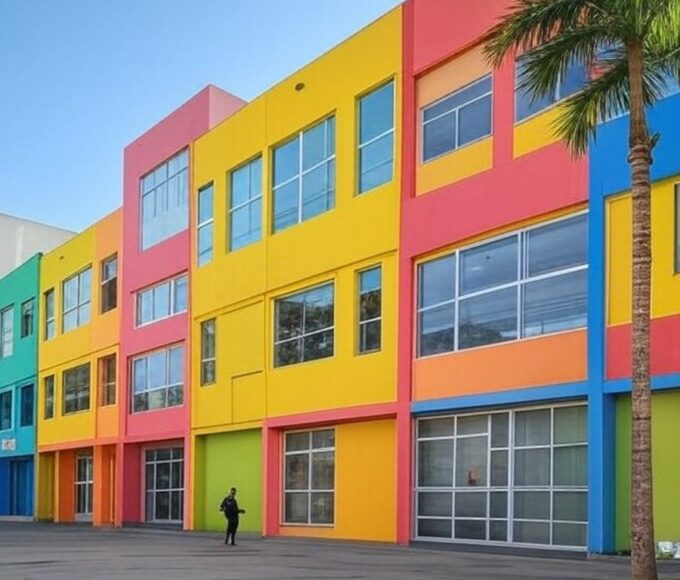 Fachada de clube infantil no Brasil com escadas sem rampas, ilustrando críticas à acessibilidade em colônia de férias do Clube Kids.