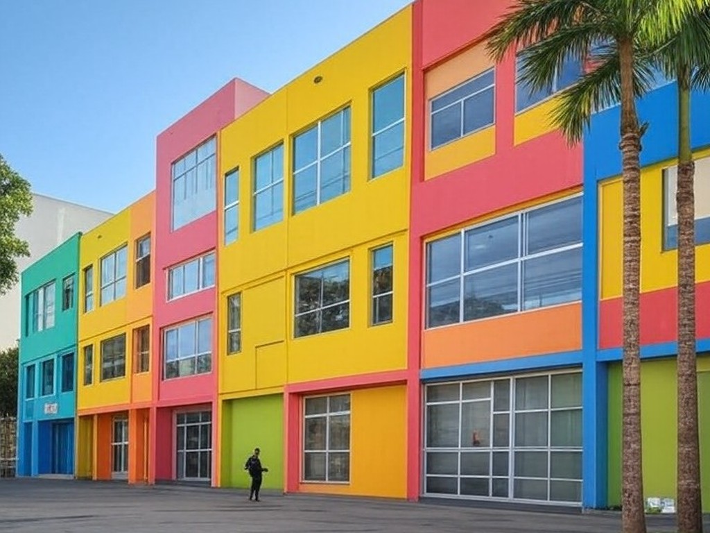 Fachada de clube infantil no Brasil com escadas sem rampas, ilustrando críticas à acessibilidade em colônia de férias do Clube Kids.