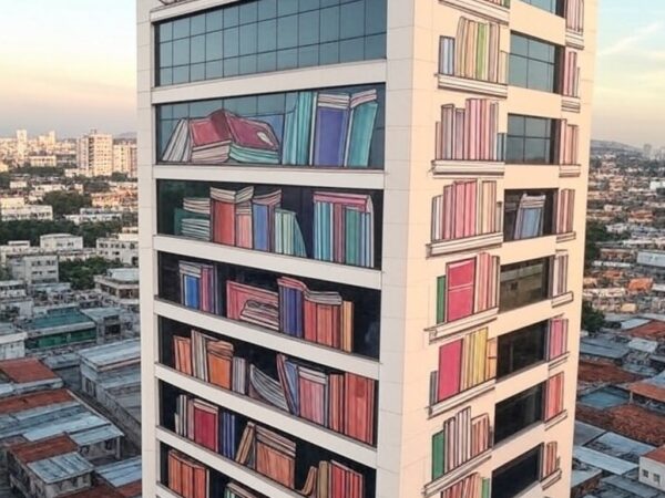 Prédio do Sesc com murais culturais e contraste de favela ao fundo, simbolizando 80 anos e questionamento sobre impacto na desigualdade no Brasil.