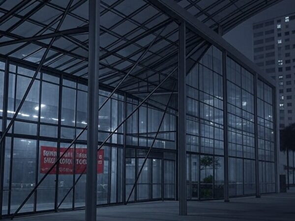 Exterior do Qualistage no Rio com banners desbotados do Festival Humor Contra-Ataca 2026, sugerindo estagnação criativa.