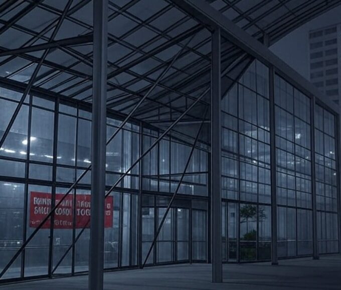 Exterior do Qualistage no Rio com banners desbotados do Festival Humor Contra-Ataca 2026, sugerindo estagnação criativa.