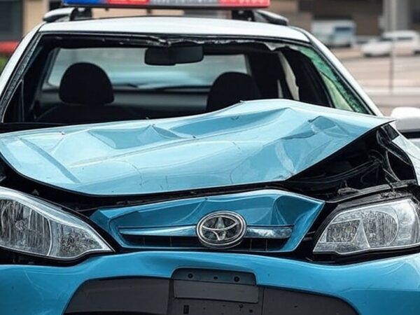 Viatura policial brasileira danificada em acidente de trânsito, representando custos públicos elevados no Brasil.