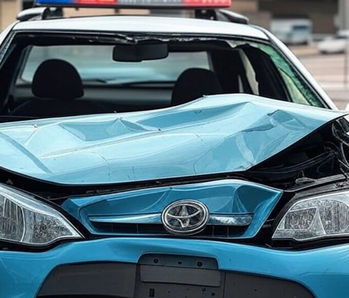 Viatura policial brasileira danificada em acidente de trânsito, representando custos públicos elevados no Brasil.