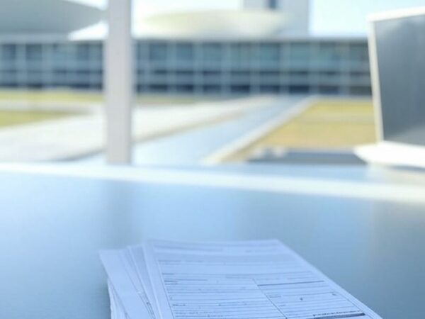 Escritório em Brasília com formulários de estágio, representando vagas limitadas no DF.