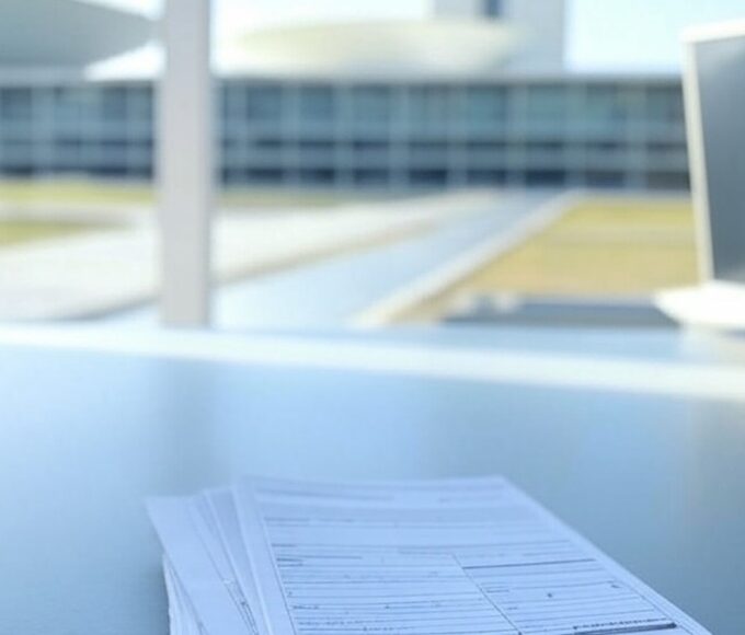 Escritório em Brasília com formulários de estágio, representando vagas limitadas no DF.