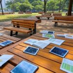 Parque brasileiro com tablets e livros espalhados, ilustrando busca por educação inovadora além da sala de aula em 2026.
