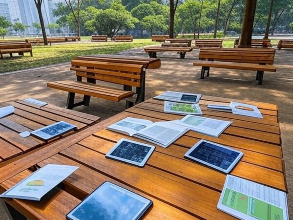 Parque brasileiro com tablets e livros espalhados, ilustrando busca por educação inovadora além da sala de aula em 2026.