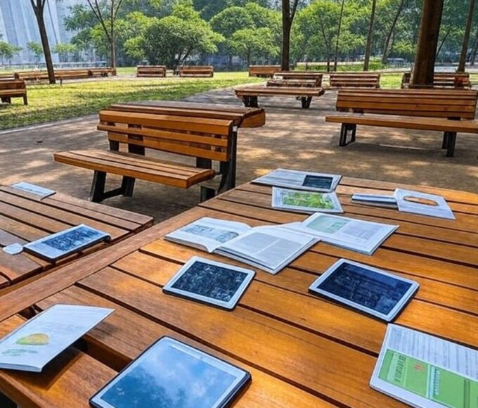 Parque brasileiro com tablets e livros espalhados, ilustrando busca por educação inovadora além da sala de aula em 2026.