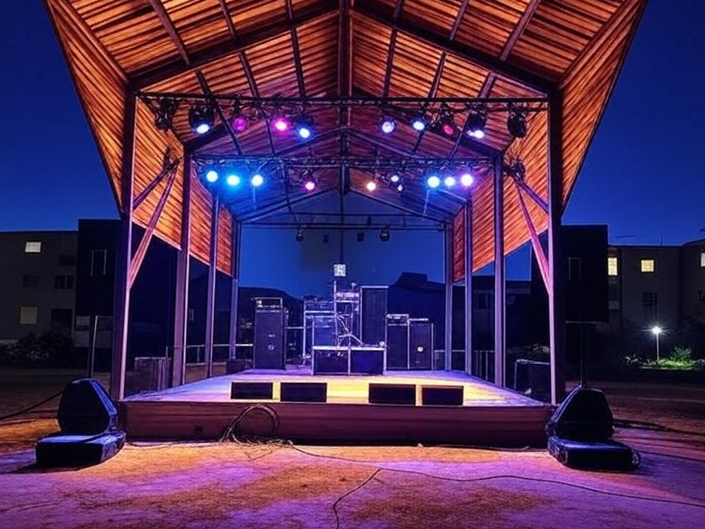 Palco de evento musical Quinta do Pop e Rock em Águas Claras, com equipamentos de som e luzes, representando estreia na cena musical brasileira.