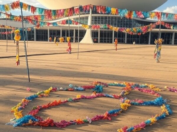 Banners de eventos de carnaval antecipado em praça de Brasília, com arquitetura icônica ao fundo, criticando diluição de tradições.
