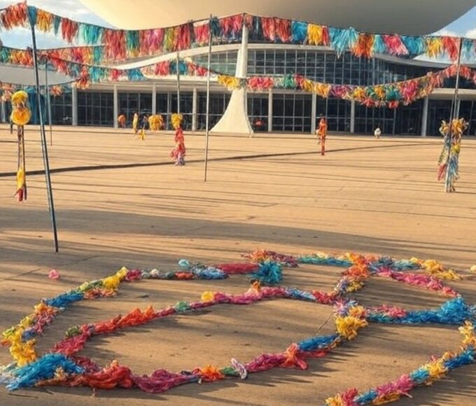 Banners de eventos de carnaval antecipado em praça de Brasília, com arquitetura icônica ao fundo, criticando diluição de tradições.