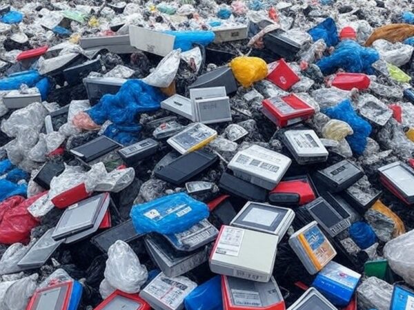 Pilha de lixo eletrônico em aterro no Brasil, criticando consumismo e redefinindo luxo como tempo de qualidade.