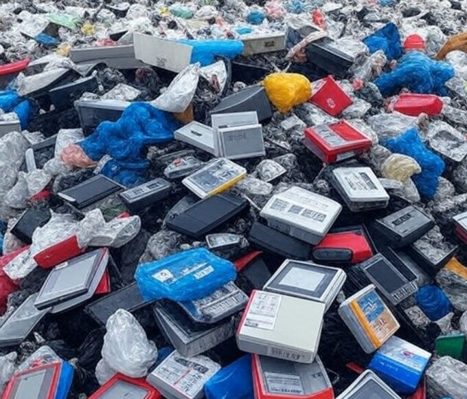 Pilha de lixo eletrônico em aterro no Brasil, criticando consumismo e redefinindo luxo como tempo de qualidade.